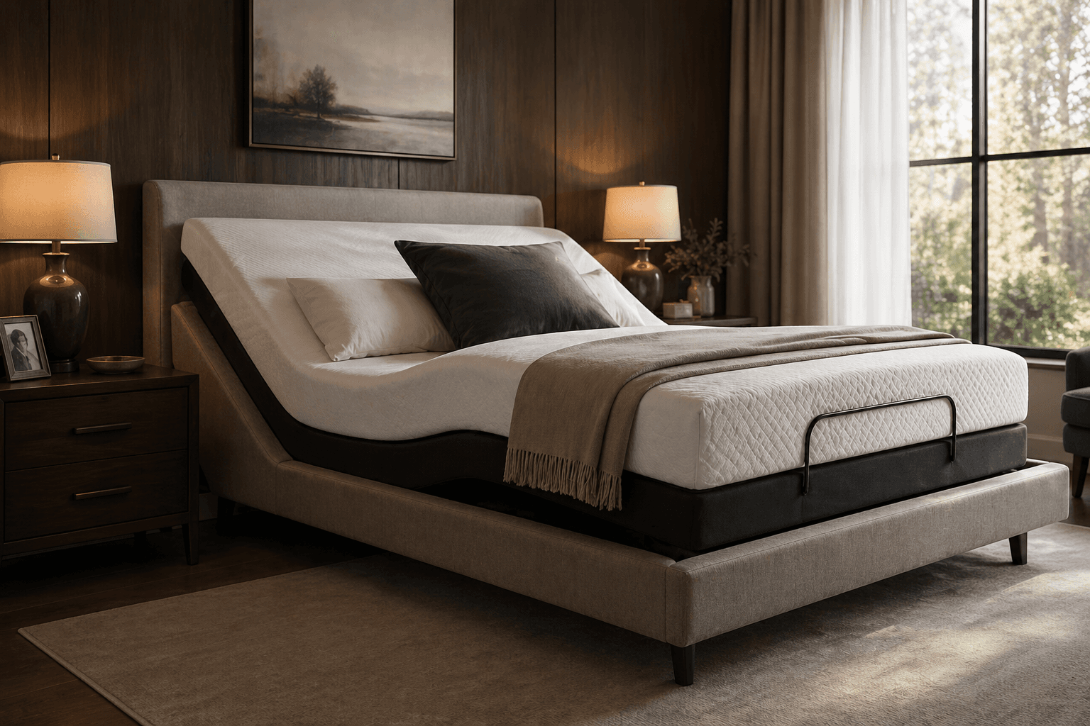 Adjustable bed in a calm bedroom