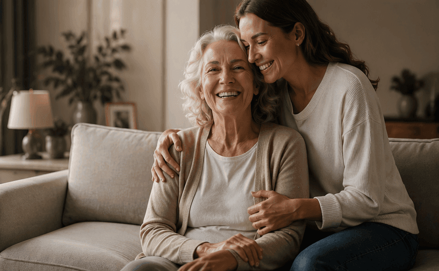 Smiling customer receiving family support at home