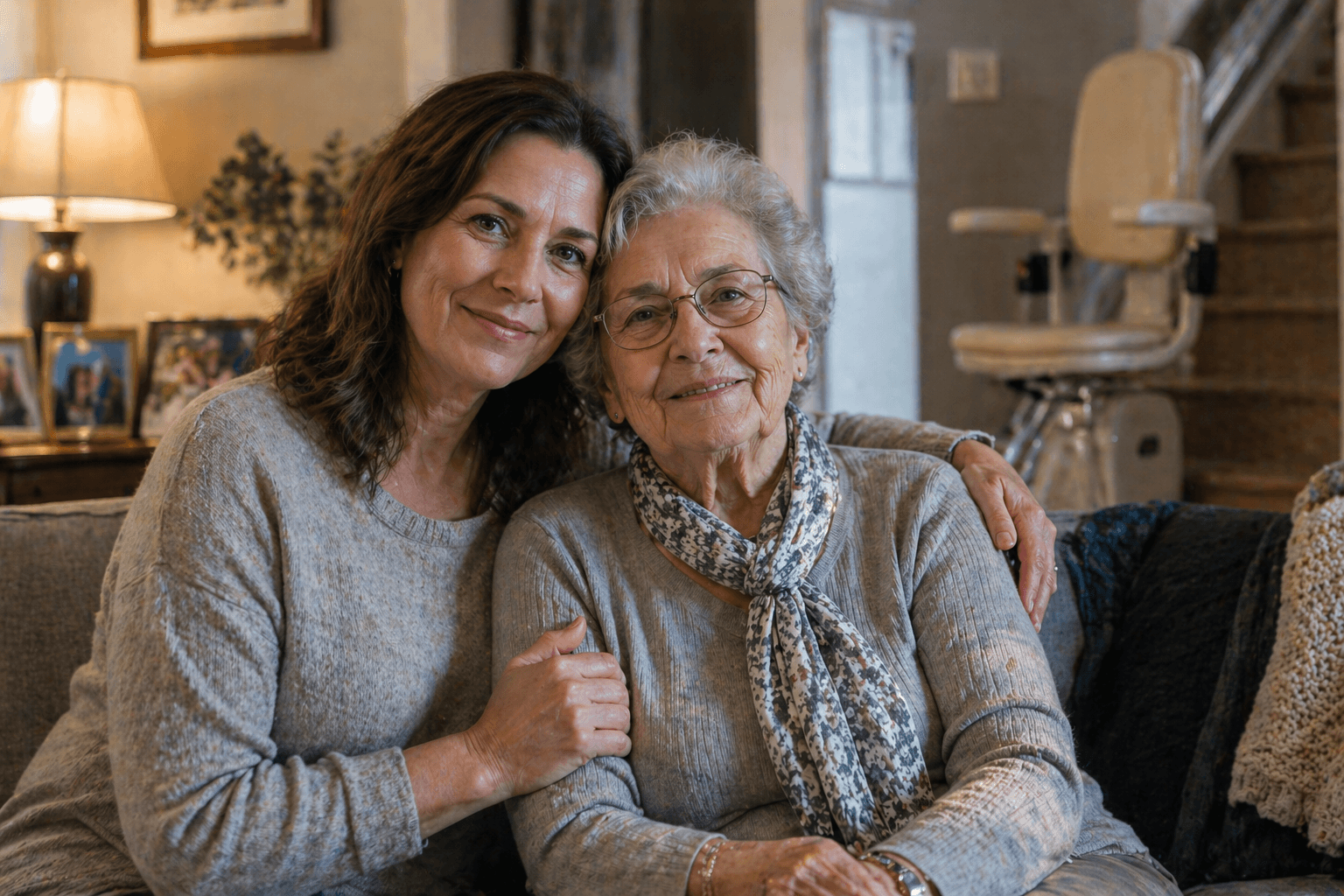 Adult daughter seated with her mother at home