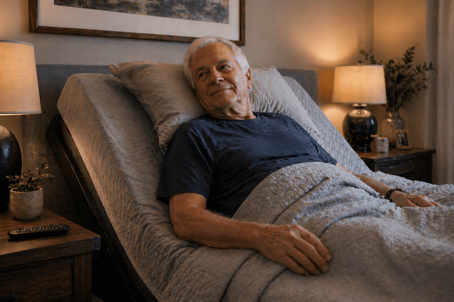 Customer relaxing in an adjustable bed